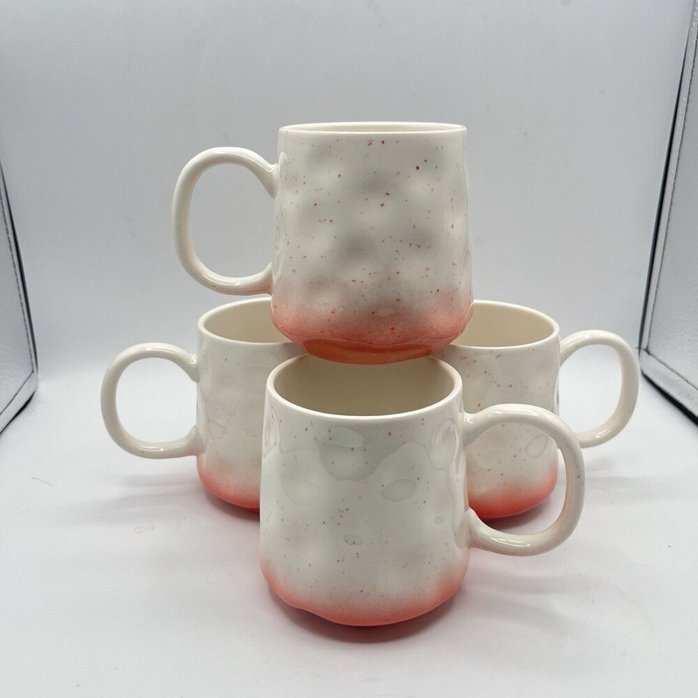 Orly Maison NY Peach & White Speckled Dimpled Thumbprint Coffee Mugs Set of 4